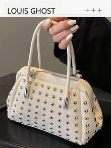 Retro Personalized Shell Bag, Women's New Rivet Punk Style Fashionable Motorcycle Shoulder Crossbody Bag, Women's Bag, New Punk Style Round Rivet Clip Mouth Shell Bag, Fashionable And Elegant Women's Handbag, Hand-Held Crossbody Bag - Multicolor - View 2