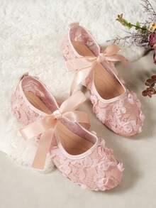秋冬女士优雅蝴蝶结网眼蕾丝平底鞋，带 3D 玫瑰花，镂空透气玛丽珍芭蕾乐福鞋，适合婚礼和日常穿着 - 粉色 - 查看 5