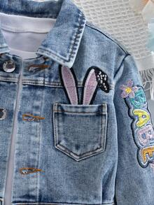 新款男女款婴幼儿蓝色牛仔长袖上衣，绣有英文字母，可爱休闲牛仔夹克 - 藍色 - 查看 10