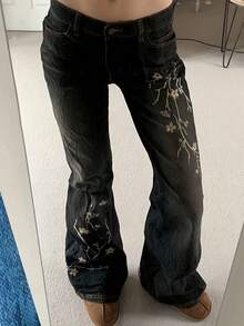 American Vintage Jeans, High Street Girls, Slimming Bootcuts, Plant Embroidered Low-Rise Trousers, Design Sense,Black Jeans,Summer Outfits For Women,Easter Outfit Women,Vacation Outfits Women. - 黑色 - 查看 5