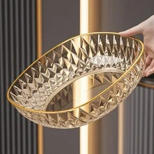1 件金边钻石纹水果盘，多功能家用客厅豪华透明塑料水果碗，厨房蔬菜盘，水果篮，可重复使用