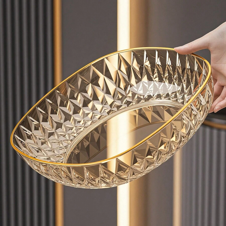 1 件金边钻石纹水果盘，多功能家用客厅豪华透明塑料水果碗，厨房蔬菜盘，水果篮，可重复使用