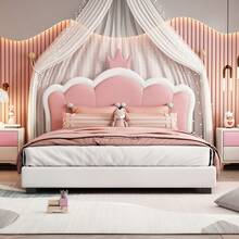Full Size Upholstered Princess Bed With Crown Headboard For Girls, Full Size Platform Bed With Headboard And Footboard, White + Pink