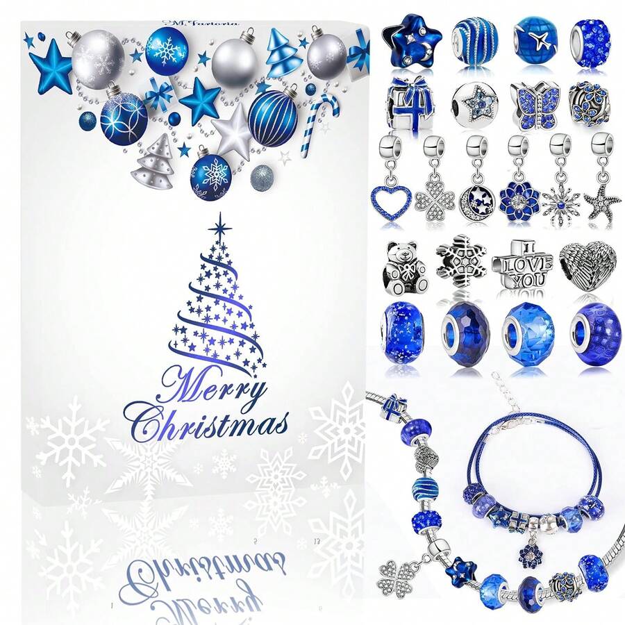 Adventskalender 2025 für Damen – blauer Schmuckset, Weihnachts-Countdown – inklusive blauer Schneeflocken-Charm-Perlen aus Metall, DIY-Halskette, Armband, Schmuckherstellungsset, Überraschungsgeschenk - Verschiedenfarbig - Übersicht 1