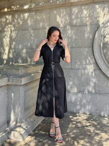 Rivera. Plain Short Sleeve Midi Dress WOMEN'S FASHION Summer - màu đen - Xem 12