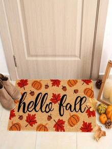 1pc Best-Selling "Hello Fall" Pumpkin & Maple Leaf Themed Doormat/Small Rug - 900GSM Soft Velvet, Machine Washable, Durable, Stain-Resistant, Quick Dry, Suitable For Indoor/Outdoor Decor, Bedroom, Kitchen, Photo Props, Holiday Gifts, All Season