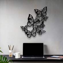 Artă murală metalică cu fluturi - Sculptură elegantă din fier alb-negru, design delicat cu frunze, potrivită pentru decorul casei în interior/exterior, aplicabilă în sufragerie, bucătărie, grădină, decorațiune de perete pentru birou, decor cu fluturi - Negru - Vizualizare 5