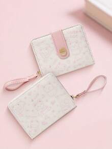 New Korean Style Folding Buckle Short Women's Wallet, Japanese Cute Cat Cartoon Integrated Card Holder, Student Bag, Zipper Coin Purse Wallet - Hoa hồng hồng - Xem 6