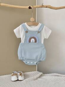2pcs/Set Baby Boy Cute Rainbow Embroidered Short Sleeve T-Shirt And Bib Overalls Romper, Summer - Blue - View 3