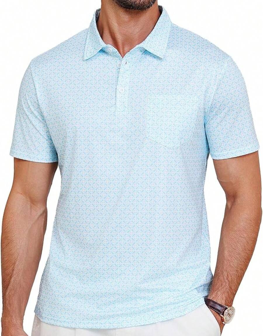 Mens Golf Shirt Short Sleeve Dry Fit Print Moisture Wicking Performance Patterns Collared Polo Shirt With Pocket-2025 - Sky Blue - View 1