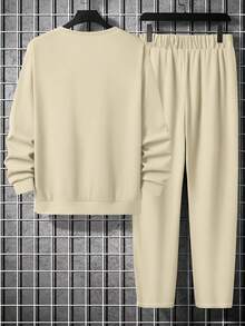 2 件男士休闲百搭圆领运动衫和裤子套装，秋季服装 - 彩色 - 查看 3