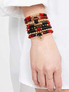 7/8Pcs Game Day Football Sports Themed Polymer Clay Beaded Bracelet Set - Stackable Red White & Red Black Team Spirit Bracelets For Women - Olives - View 6