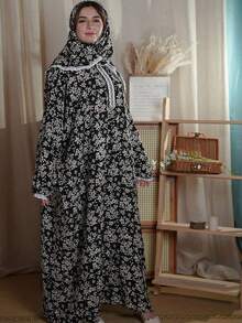 Áo choàng cầu nguyện trùm đầu truyền thống cỡ lớn mới cho phụ nữ có ren và băng đô in họa tiết thời trang Hijab mềm mại cho quần áo che mặt Abaya - màu đen - Xem 7