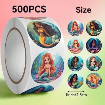 500pcs/Roll Cartoon Mermaid Stickers, Cute Mermaid, Size: 2.5cm/1.0 Inch, Round Shape, Great Gift For Kids, Suitable For Decorating Water Cups, Stationery Boxes, Books, Glass Bottles, Envelopes, Cards, Notebooks, Helmets, Party Decorations, Holiday Gifts, And Other Favorite Products