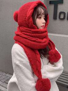 Damen gestrickter Hut mit Schal, süßer Bommel Ohrenschutz, dick & warm, vielseitig für Herbst/Winter