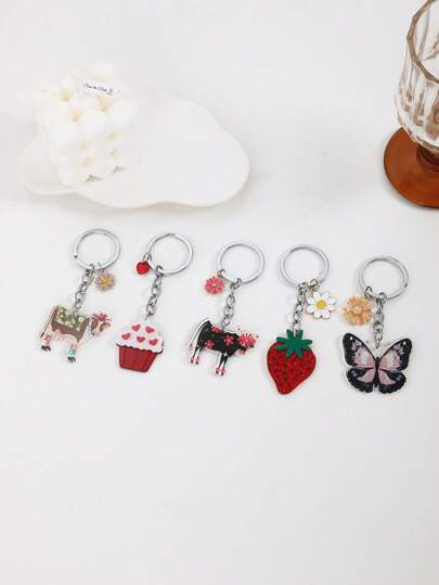 1pc ﻿ Cow Strawberry Car Keychain Mobile Phone Charm Cartoon Colors-Butterflies Acrylic Keychain Accessories Bag Charms Backpack Pendant Creative Key Ring Jewelry Fans Friends Gifts Christmas Car Teacher Sister Gift Ideas