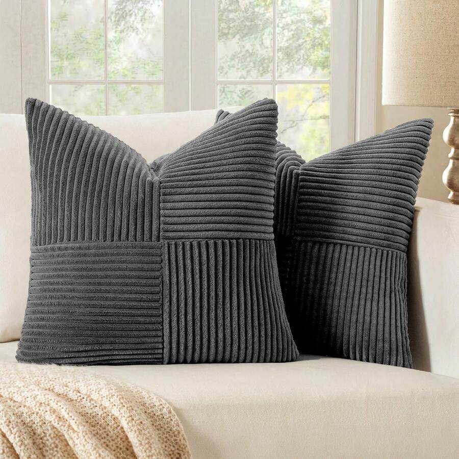 1/2 piezas Juego de Fundas de Cojín, Gris Oscuro Geométrico Quatrefoil Patrón Rayado de Pana, Cojín Bohemio para Sofá, Funda Decorativa para Cojín, Cojín para Sofá, Oficina, Sala de Estar - Gris Oscuro - Ver 1