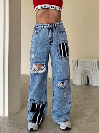 STLY 女式宽松牛仔裤，街头复古做旧条纹拼布破洞设计直筒舒适休闲时尚浅蓝色水洗牛仔裤，优雅、休闲、波西米亚风，适合日常穿着、舞台表演、旅行、机场、四季