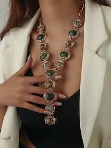 1 chiếc vòng cổ dài tua rua hình chữ Y bằng đá quý giả thời trang cổ điển, trang trí áo len hình học màu vàng hình khối phong cách Baroque sang trọng kiểu Pháp, phù hợp cho phụ nữ sử dụng hàng ngày, tiệc tùng, tiệc tùng - Vàng - Xem 5