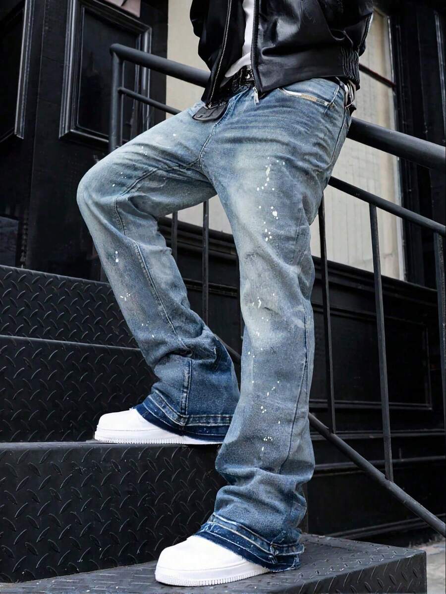 Celana Jeans Denim Stretch Slim Fit, Celana Jeans Kasual Katun Washed dengan Efek Usang, Celana Jeans Denim Washed dengan Kantong Miring untuk Pria, Celana Jeans Lurus Ringan untuk Bisnis Kasual, Cocok untuk Semua Musim - Biru - View 1