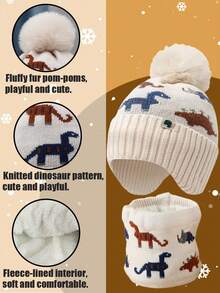 2 件恐龙冬季儿童针织帽，男孩女孩保暖内衬无檐小便帽围巾套装，厚针织绒球帽和颈部保暖围巾套装