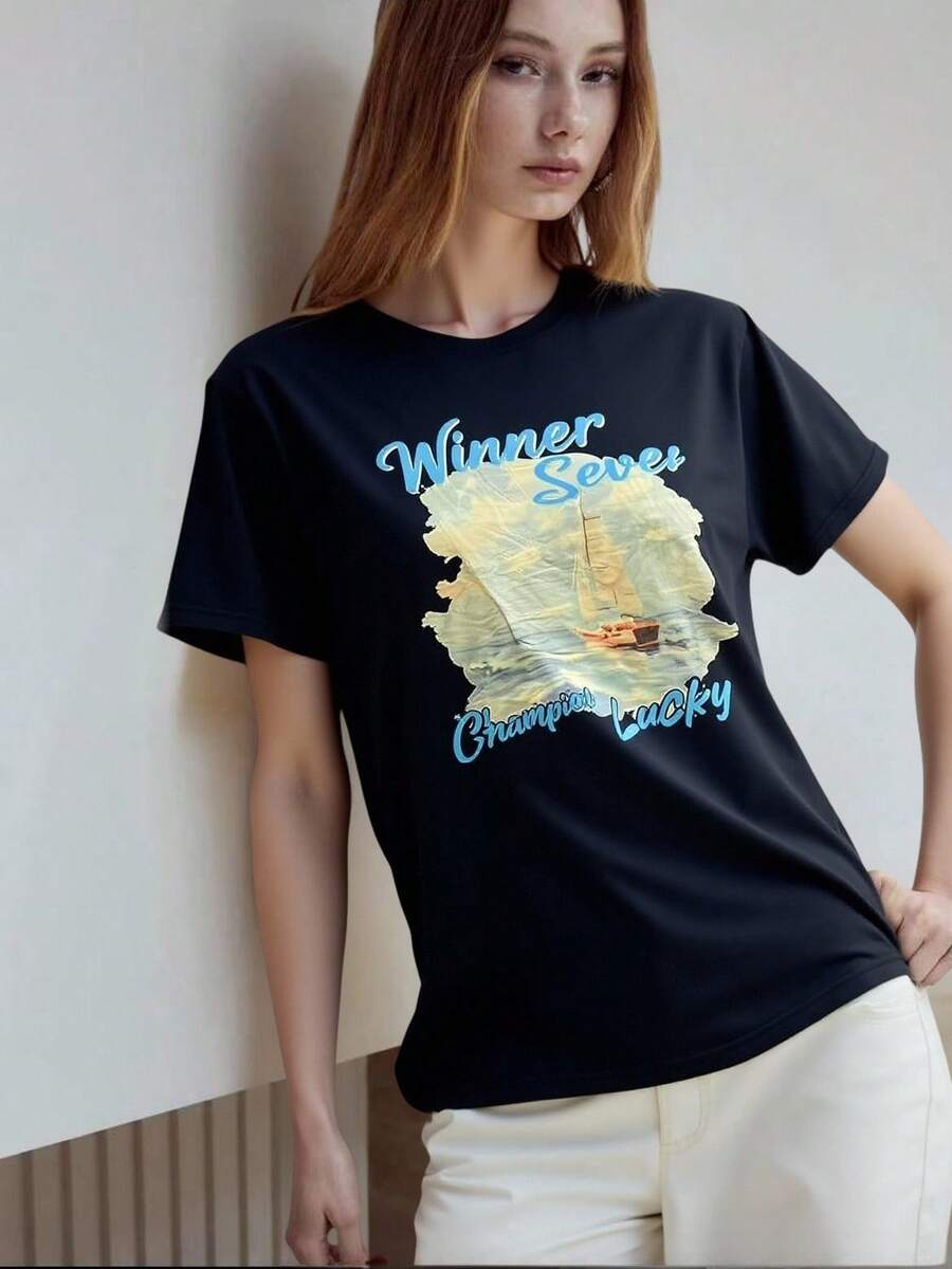 T-shirt Camisa Feminina Manga Curta Estampada Verão Primavera Letra Floral Coração Casa Férias