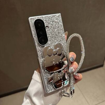 Silver Shell Silver Color Glitter Electroplated Rabbit Stand Wrist Strap Phone Case For Samsung Galaxy Z Fold 7 Galaxy Z Fold 6 Galaxy Z Fold 5