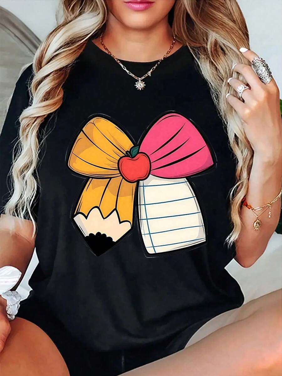 Camiseta oversize de mujer, de estilo informal y moderno, con estampado, corte holgado y manga corta. Talla grande. - Negro - Ver 1