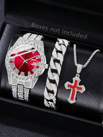 3Pcs Men's Silver Stainless Steel Strap Fashionable Casual Classic Roman Letter Scale With Calendar Function Blue Dial Quartz Watch Cuban Bracelet Necklace Set Suitable For Daily Wear Decoration As A Holiday Gift For Friends Or Fathers