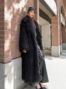 FHILLINUO Women's Elegant Faux Fur Long Coat, Loose Fit, Long Sleeve, Lapel Collar, Pockets, Classic Straight Hem, Black Winter - 多色 - 查看 3