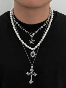 4pcs Vintage Punk Style Metal Cross Pendant Y-Necklace, Men's Hip Hop Fashion Faux Pearl Beaded Multi Layer Necklace Set