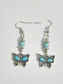 1 Pair Of Bohemian Turquoise Inlaid Butterfly Pendant Earrings-Elegant Alloy Jewelry For Women Summer Beach Jewelry - 綠松石色 - 查看 3