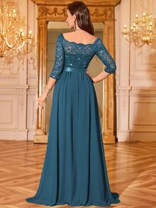 MIUSOL Sequin Floral Lace Boat Neck 3/4 Sleeve Chiffon Ruffle Trim Pleated Hem Formal Party Maxi Dress