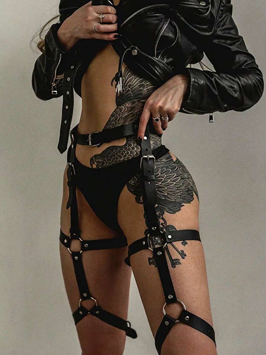 1件装女士黑色PU皮革腰带腿套时尚可调节身体束缚配饰，适合日常使用、情侣约会、万圣节