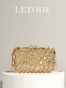 水钻珠宝闪亮项链耳环手镯套装，适合奢华信封手拿包，适合派对、浪漫婚礼、春夏链条单肩包、新娘包、正式舞会手拿包、优雅晚礼服包，非常适合派对婚礼舞会晚宴/宴会 - 金色 - 查看 5