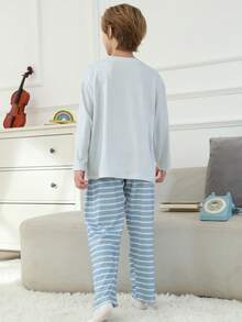 2pcs/Set Cartoon Flame Retardant Boys Sleepwear, Blue Striped Children Pajamas, Autumn/Winter - Blue - View 2