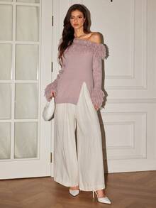 Women's Retro Elegant French Street Solid Color Tassel Oblique Shoulder Long Sleeve Slit Hem Fit Pullover Sweater Cuffed Oneneck Offshoulder Fringed Sweater, Fall Winter