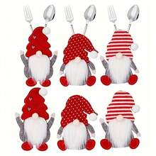 6 piezas Portacubiertos Navideño - Organizador de cubiertos de tela con diseño de Papá Noel y enanito con acentos en forma de corazón, con patrones a rayas rojas y blancas y de lunares, para decoración navideña de la mesa, decoración de mesa navideña, cubiertos no incluidos - Multicolor - Ver 2