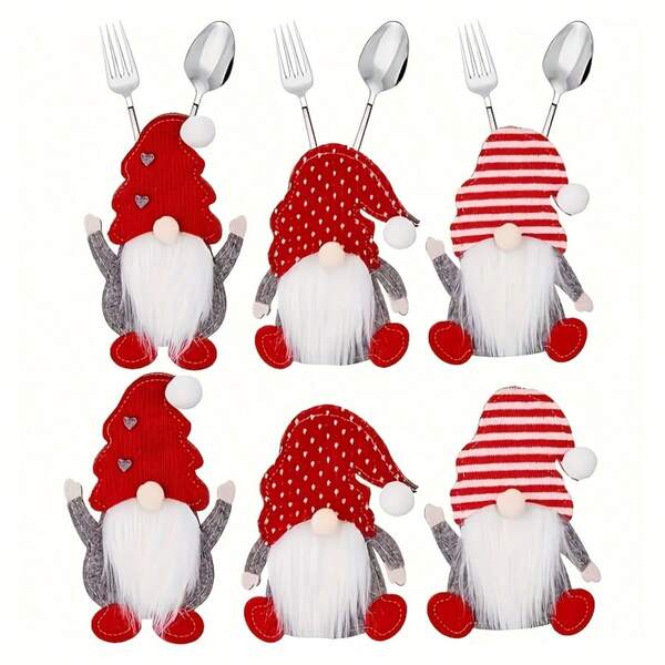 6 piezas Portacubiertos Navideño - Organizador de cubiertos de tela con diseño de Papá Noel y enanito con acentos en forma de corazón, con patrones a rayas rojas y blancas y de lunares, para decoración navideña de la mesa, decoración de mesa navideña, cubiertos no incluidos