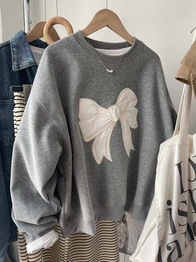 女童灰色蝴蝶结运动衫，甜美可爱风格，3D 超大蝴蝶结，宽松版型，舒适百搭，8-12 岁