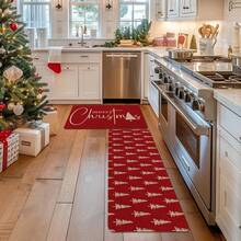 1/2-częściowa mata podłogowa na Boże Narodzenie, luksusowe czerwone tło ozdobione białym wzorem choinki, mata kuchenna, motyw radości, dekoracja w świątecznym klimacie, idealna do gabinetu, kuchni, sypialni, dekoracji domu, tworząca wygodną i wykwintną, radosną atmosferę - Wielokolorowe - Zobacz 2
