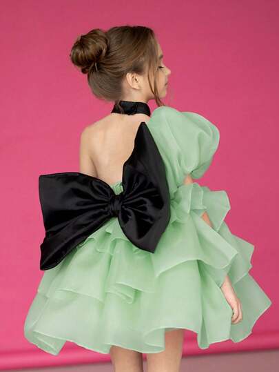 Elegant Mint Green Bowknot Decor Princess Dress, Suitable For Birthday Gift, Party, Wedding, Flower Girl, School Performance, Important Occasions