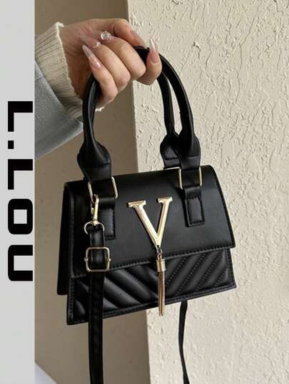 Mini Casual Handheld Square Bag, Dual Top Handle Flap Cover Bag, Metal Letter V Decor, Metal Tassel, Versatile Shoulder Crossbody Bag For Women, Crease-Proof Casual Tote Fits Phone Lipstick Small Items