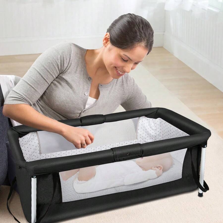 Travel Cot, Suitable For Baby Equipment At Home Or While Traveling, Portable, Foldable, Suitable For Newborns Up To 2 Years, Foldable Travel Cot, Side Bed, With Mosquito Net, 90*70*50cm - 黑色 - 查看 1