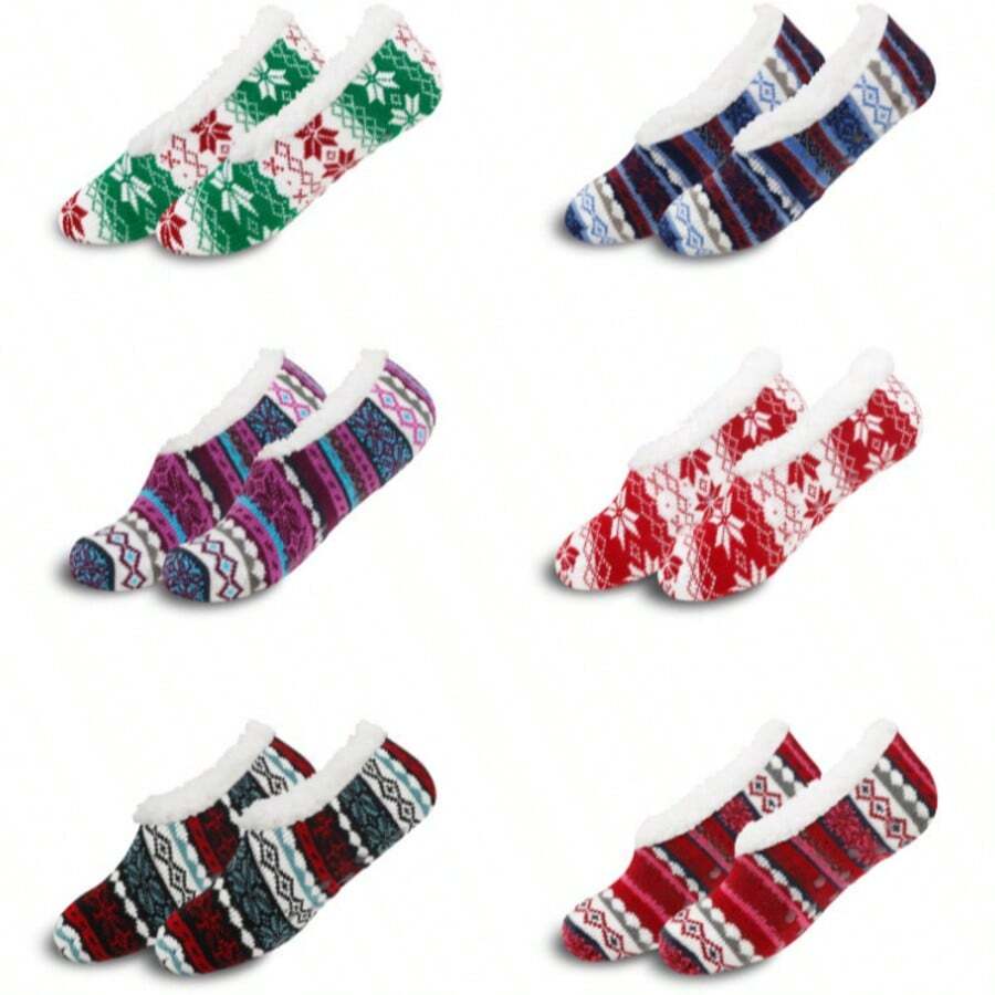 1双女士复古仿羊羔绒拖鞋袜，防滑家居拖鞋，保暖内里，适合室内/睡眠穿着，冬季 - 查看 1