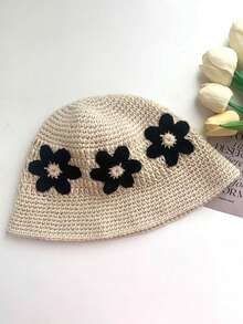 1pc Women's Floral Knitted Bucket Hat, Hyuna Style, Fresh Handmade Crochet Flower Beanie, Cute & Versatile, Suitable For Daily Wear Autumn Decor - Beige - View 2