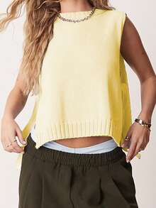 Women's Knit Tank Tops Sleeveless Crew Neck Solid Color Side Tie-Up Loose Fit Vest For Summer Spring Fall - 黃色 - 查看 6