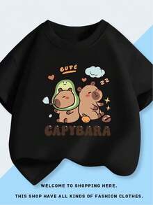 Camiseta de algodón negro de 180 g para mujer, con cuello redondo, manga corta y estampado de capibara y aguacate. Camiseta informal con estampado de animales adorables para uso diario y ropa de dormir. Suave y cómoda. - Negro - Ver 2