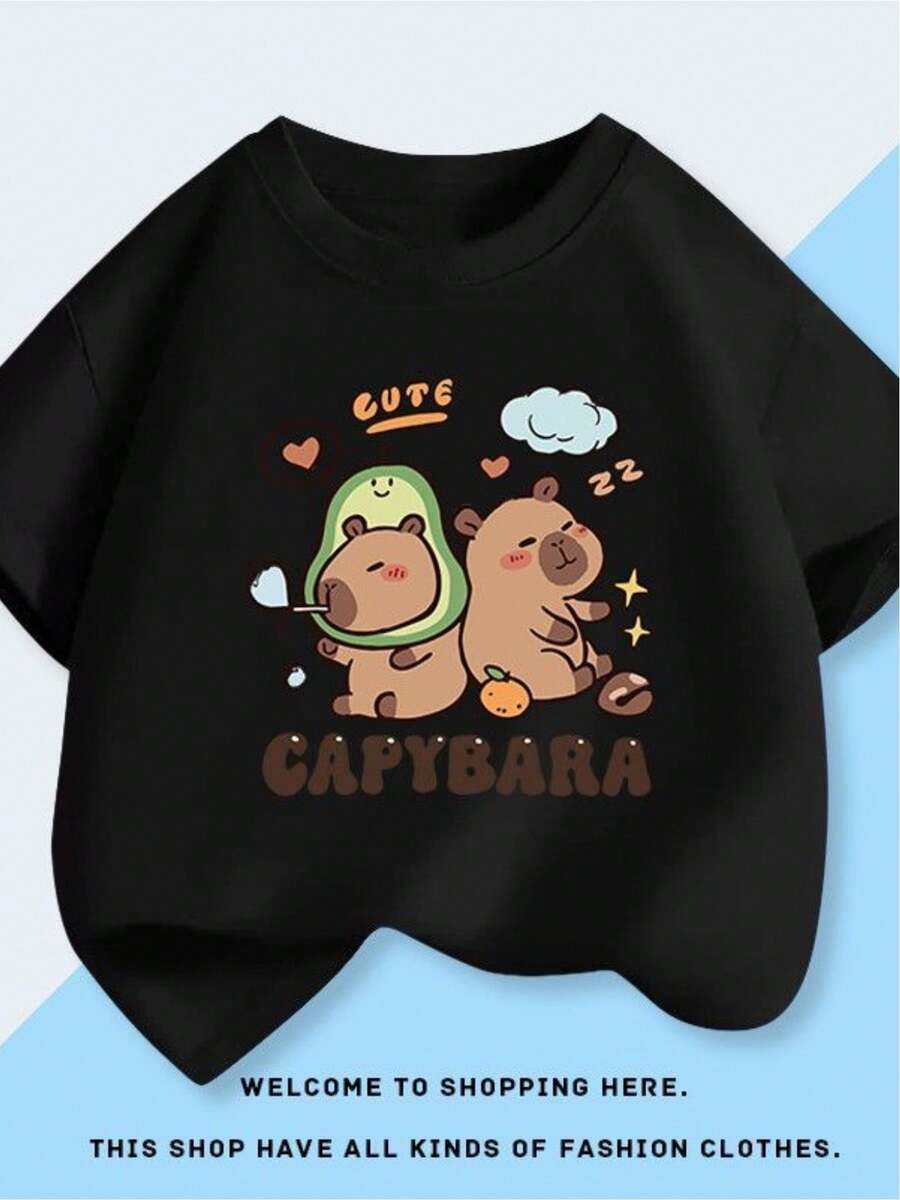 Camiseta de algodón negro de 180 g para mujer, con cuello redondo, manga corta y estampado de capibara y aguacate. Camiseta informal con estampado de animales adorables para uso diario y ropa de dormir. Suave y cómoda.