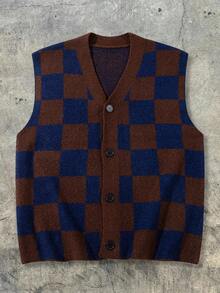 Unisex Casual Loose Fit Textured Plaid Pattern Sleeveless Button-Front Cardigan Sweater, Versatile For Spring, Autumn, Winter - Brown - View 2